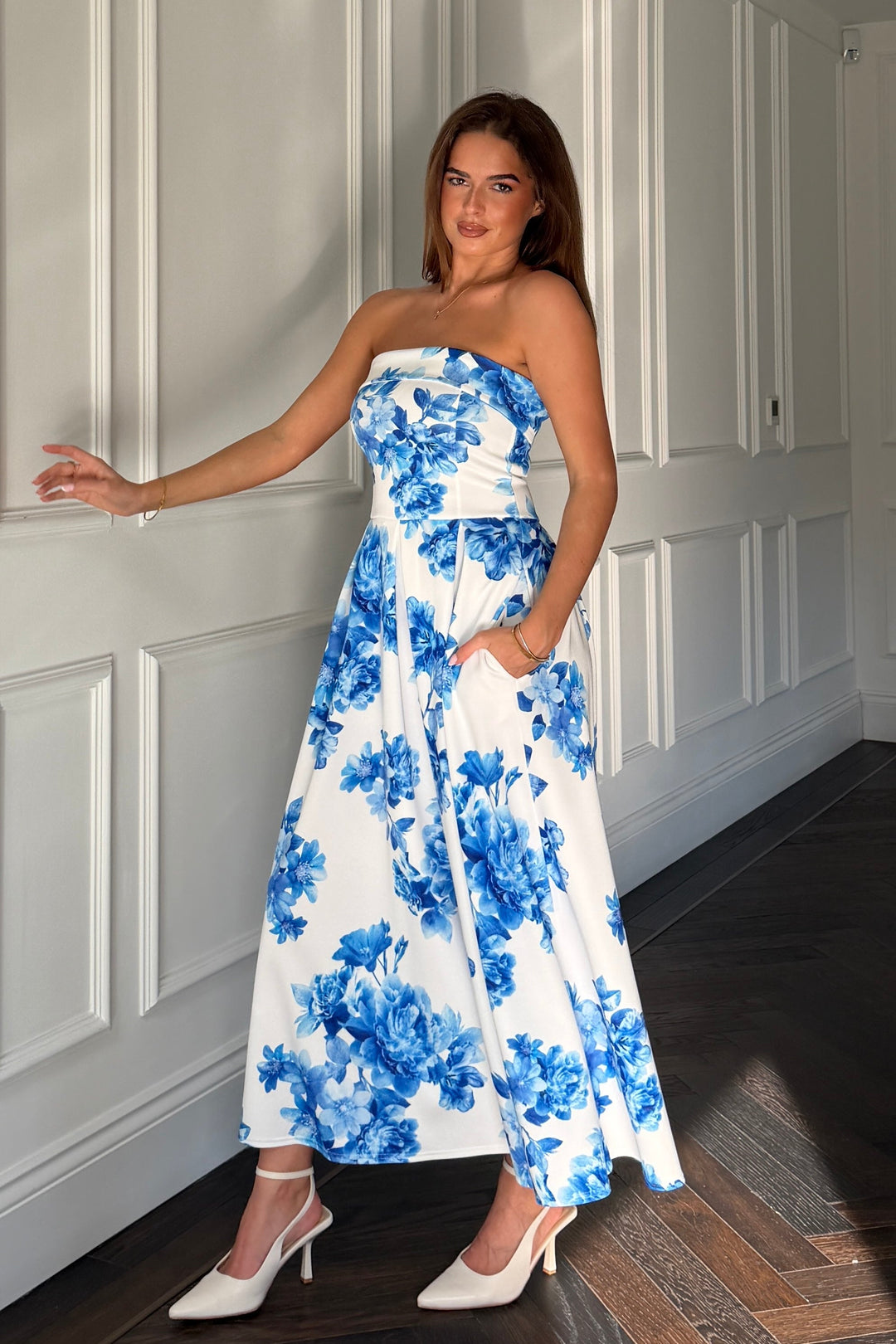 Danni Strapless Bandeau Midi Dress  Blue Floral