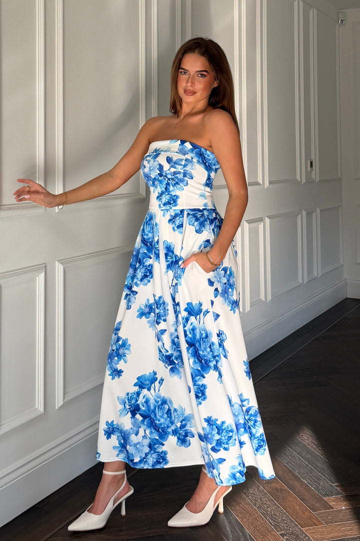 Danni Strapless Bandeau Midi Dress  Blue Floral