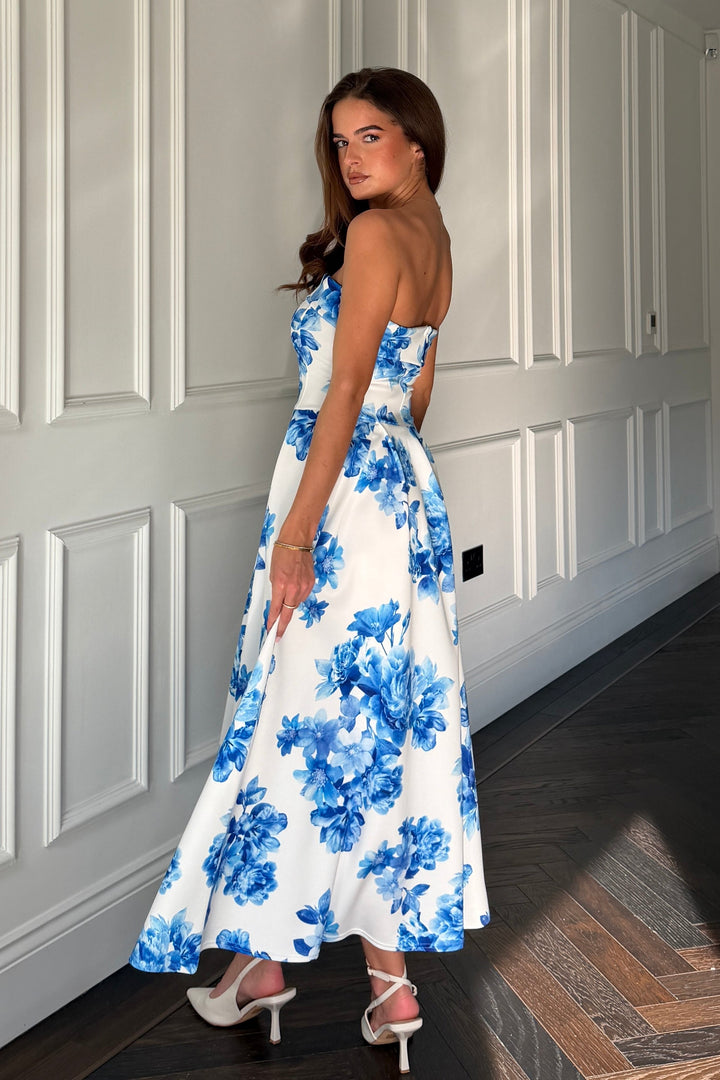 Danni Strapless Bandeau Midi Dress  Blue Floral