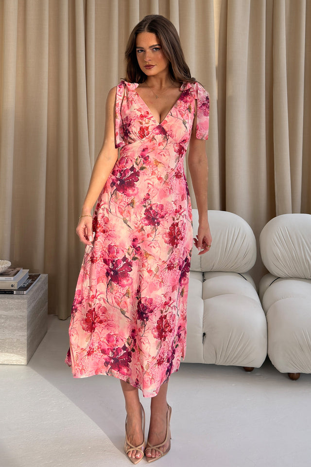Beverly Floral Tie Shoulder Midi Dress