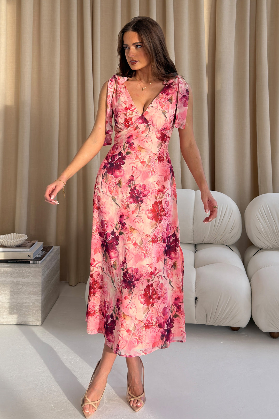 Beverly Floral Tie Shoulder Midi Dress