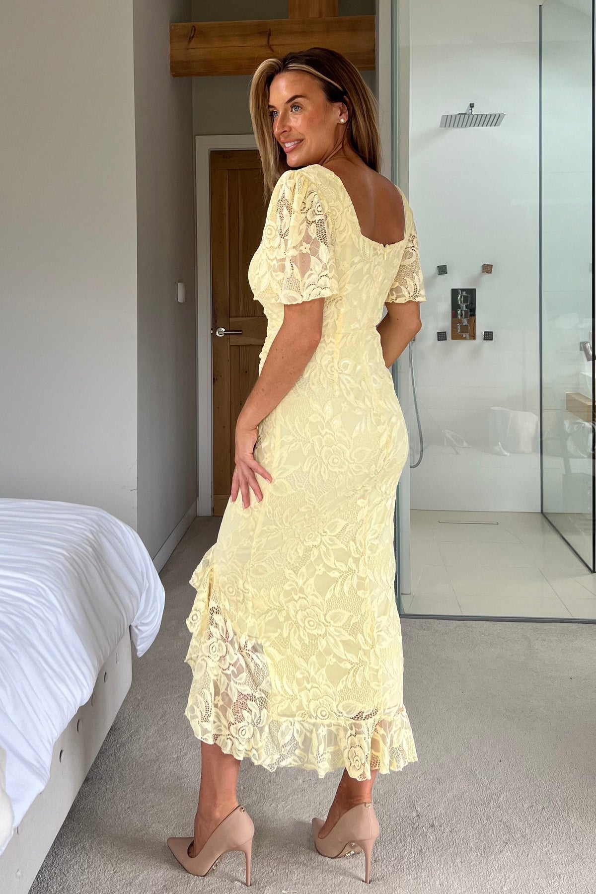 Heidi Yellow Lace Ruched Midi Dress