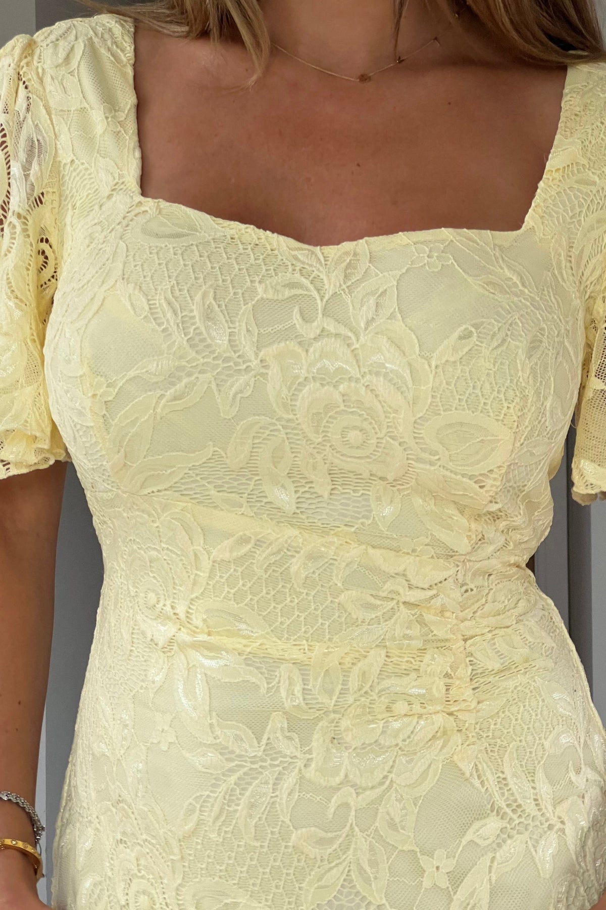 Heidi Yellow Lace Ruched Midi Dress