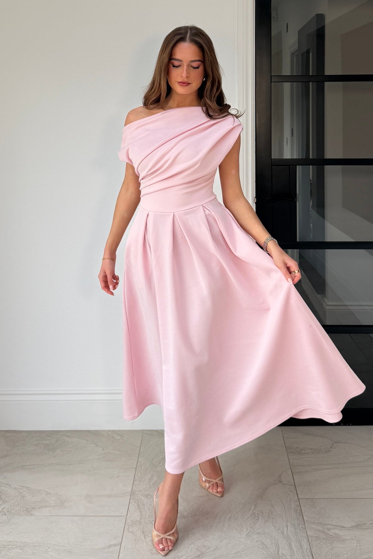 Betty Asymmetric Neckline Skater Midi Pink