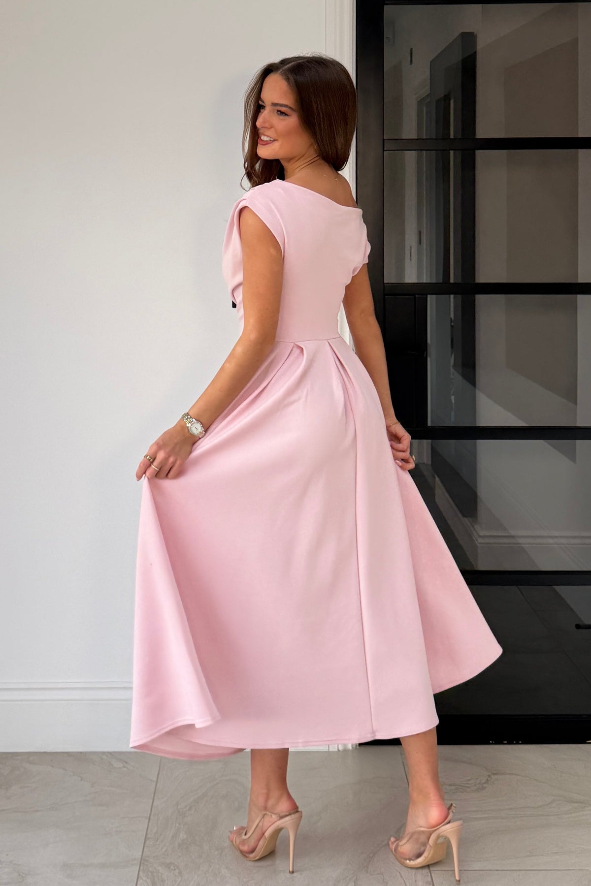 Betty Asymmetric Neckline Skater Midi Pink
