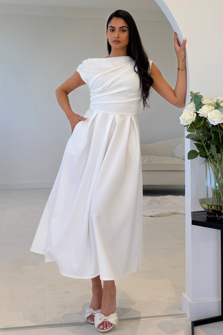 Betty Asymmetric Neckline Skater Midi Dress White