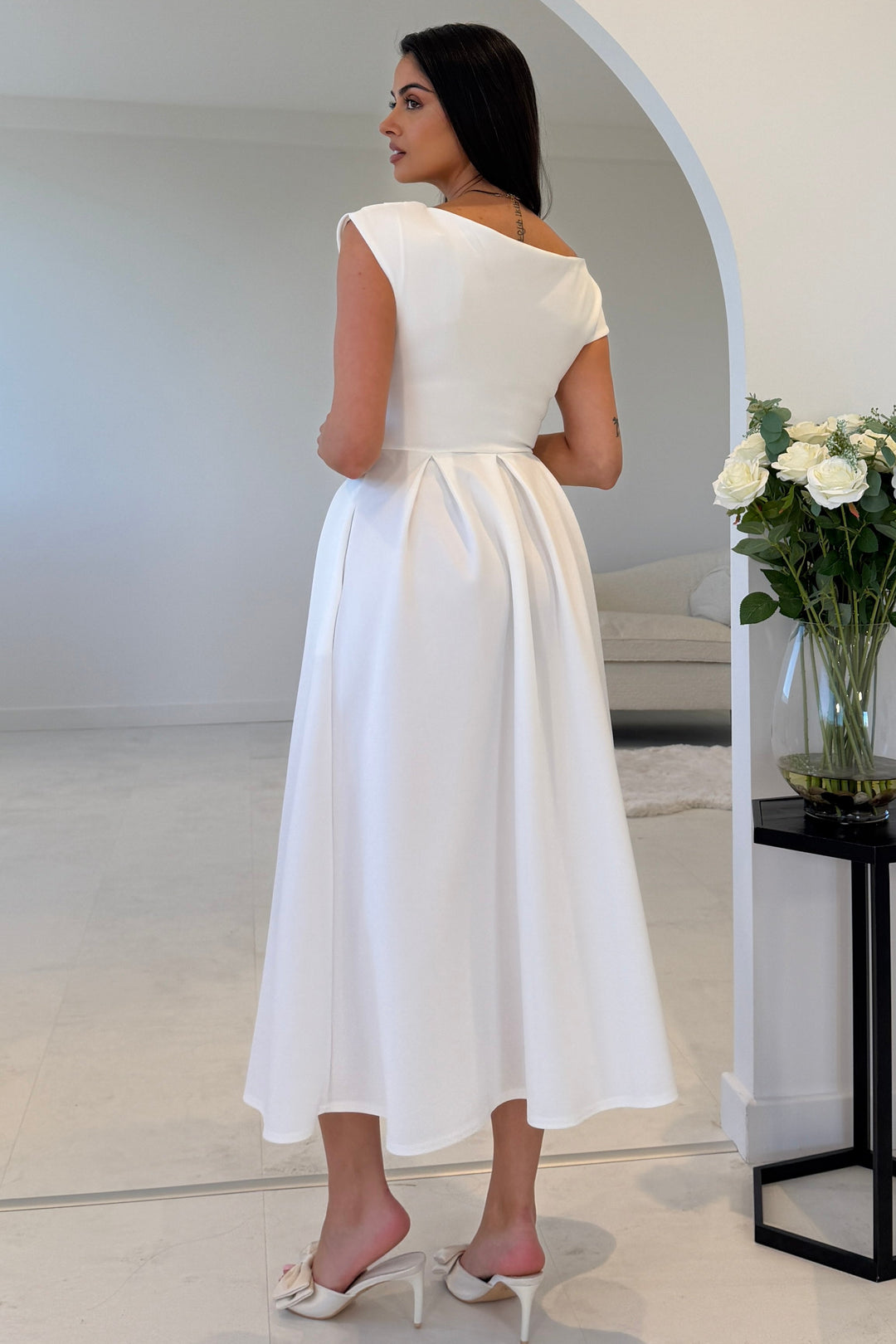 Betty Asymmetric Neckline Skater Midi Dress White