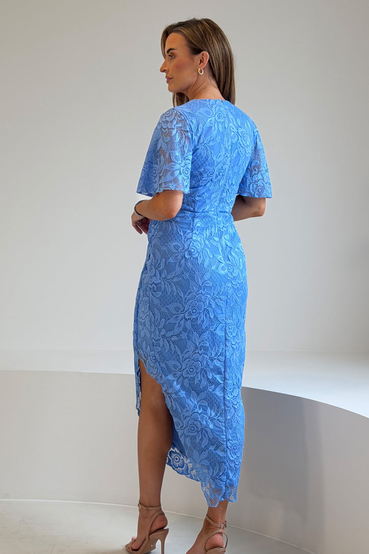 Natasha Angel Sleeve Wrap Midi Dress In Blue Lace