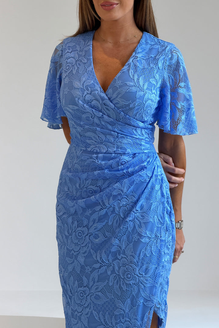 Natasha Angel Sleeve Wrap Midi Dress In Blue Lace