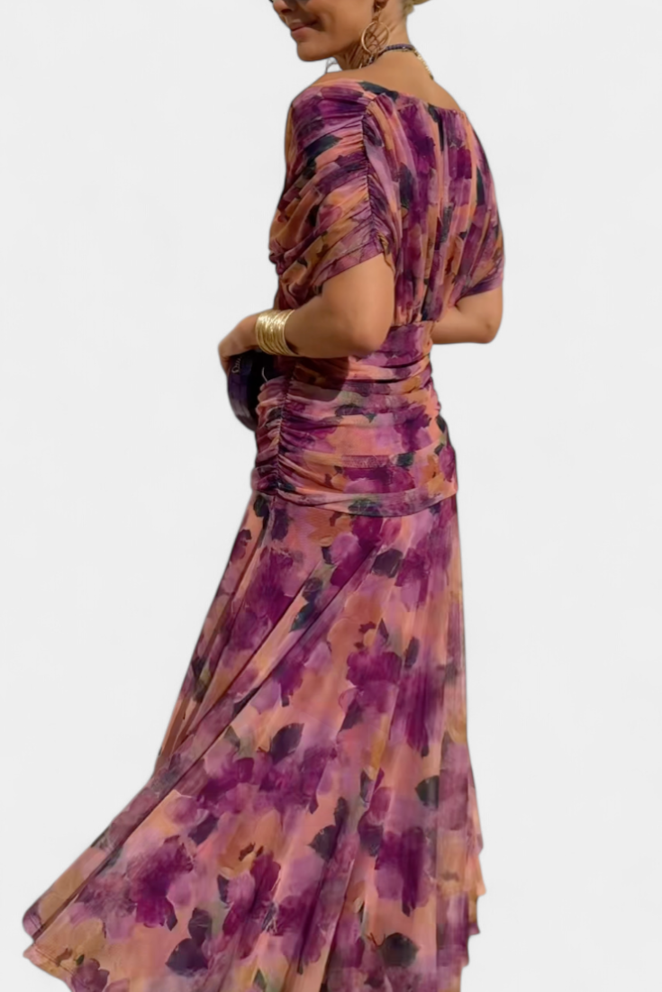 Flora™ - Long Floral V Neck Dress
