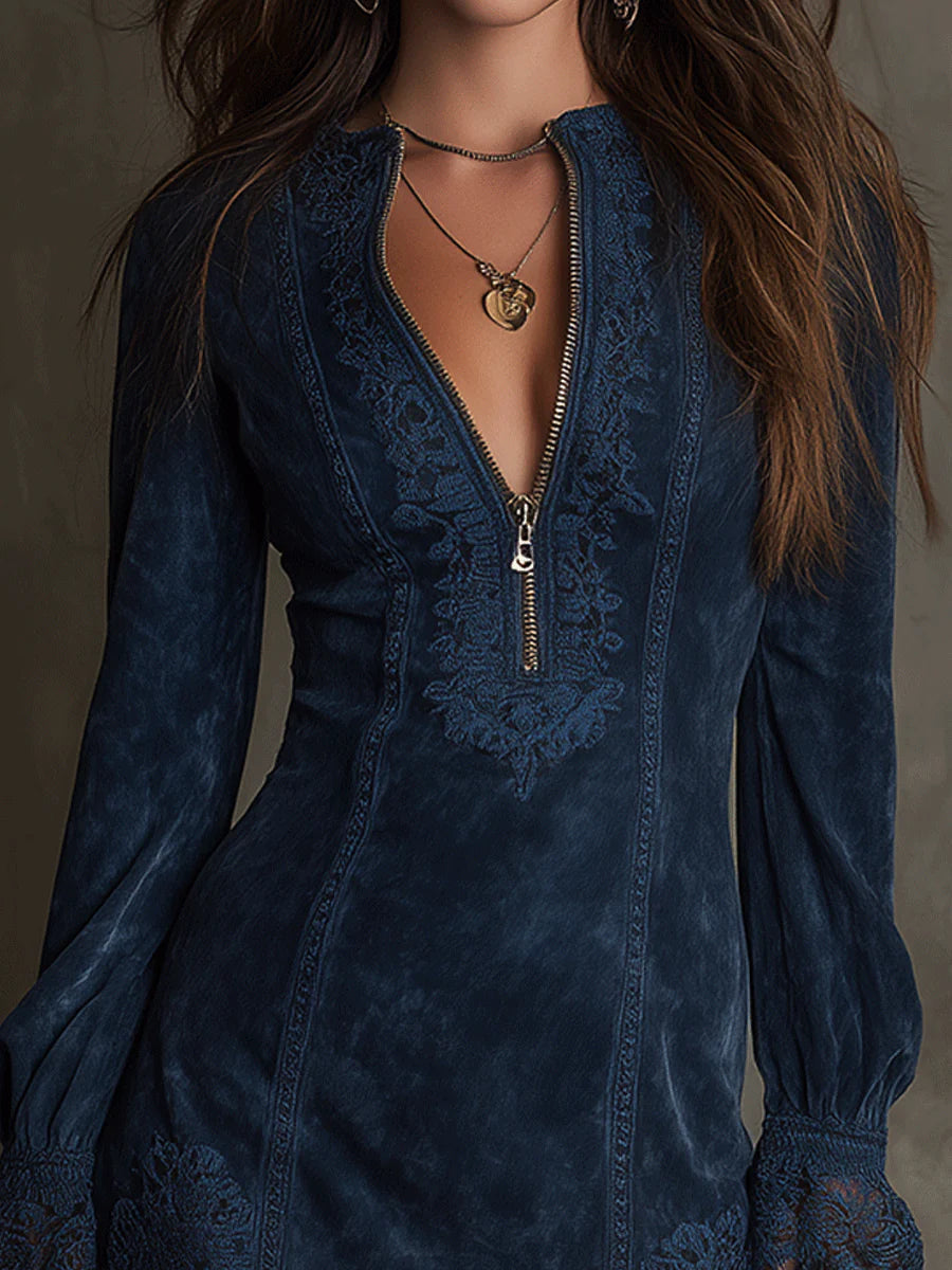 Eudora Vintage Blue Suede Lace Trim Mini Dress