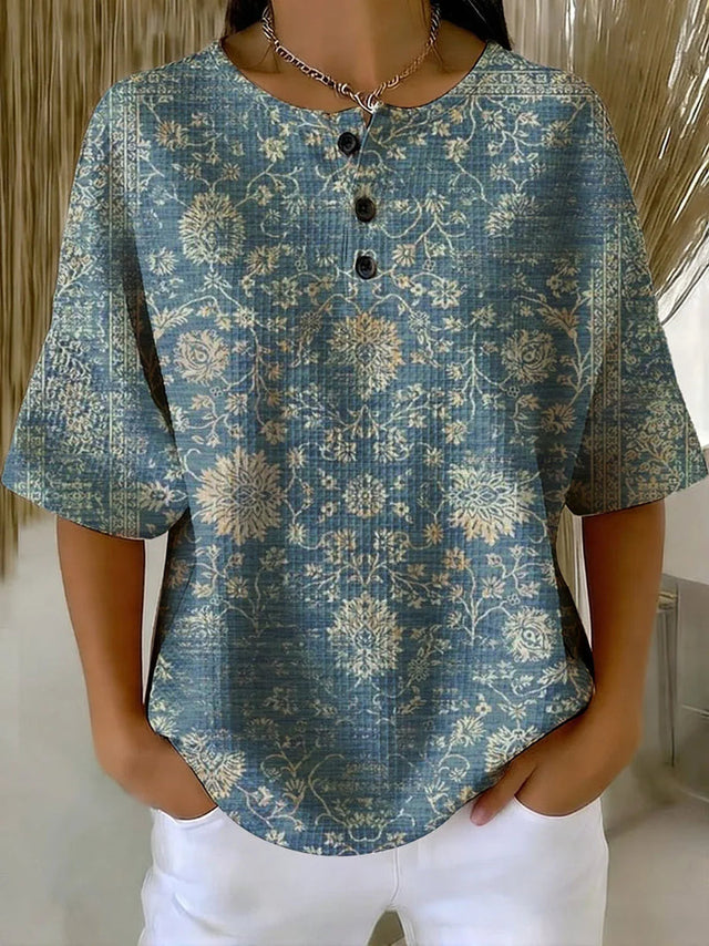 Women's Flower Art Print Casual Waffle Cotton Shirt