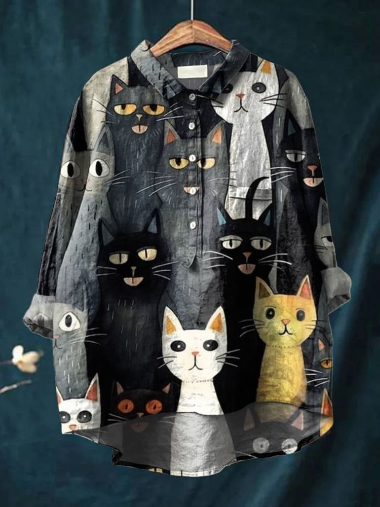 Women's Multiple Black and Gray Cats Print Casual Cotton Shirt