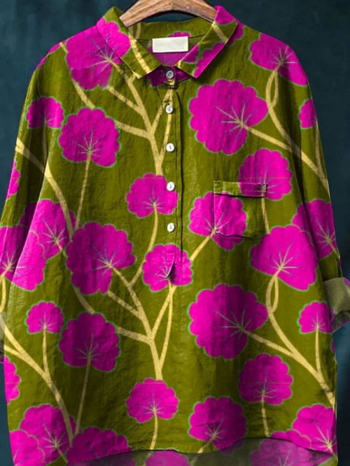 Women's Vintage Flower Art Print Casual Cotton Shirt