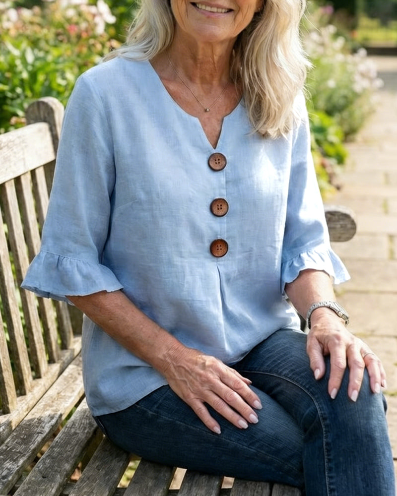 V-Neck Blouse with Wooden Buttons and Ruffled Sleeves