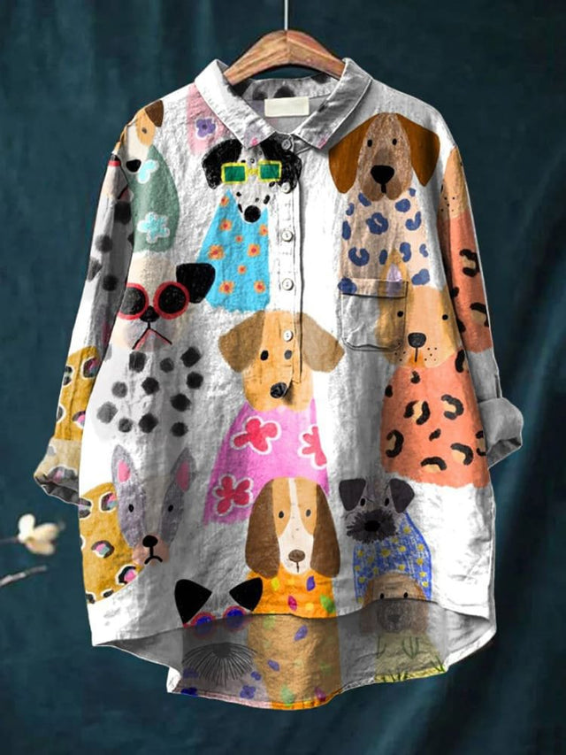 Women's Colourful Fun Cartoon Puppy Print Casual Cotton Shirt
