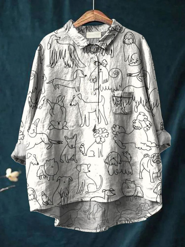 Women's Simple Black and White Line Puppy Print Casual Cotton Shirt