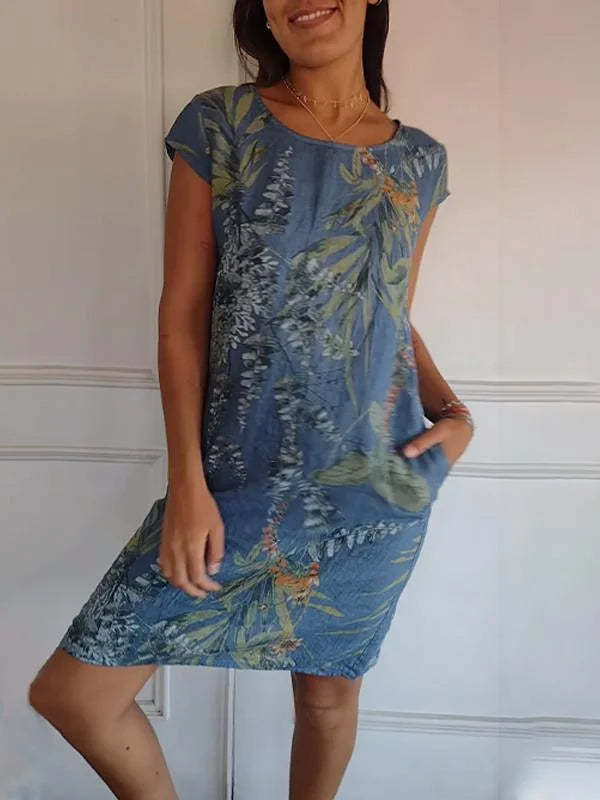 Women's Linen-Look Printed Summer Dress with Pockets