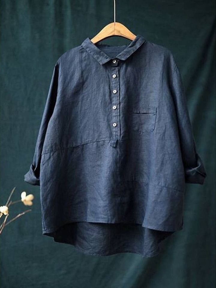 Women's Lapel Neck Casual Solid Colour Cotton Long Sleeve Shirt