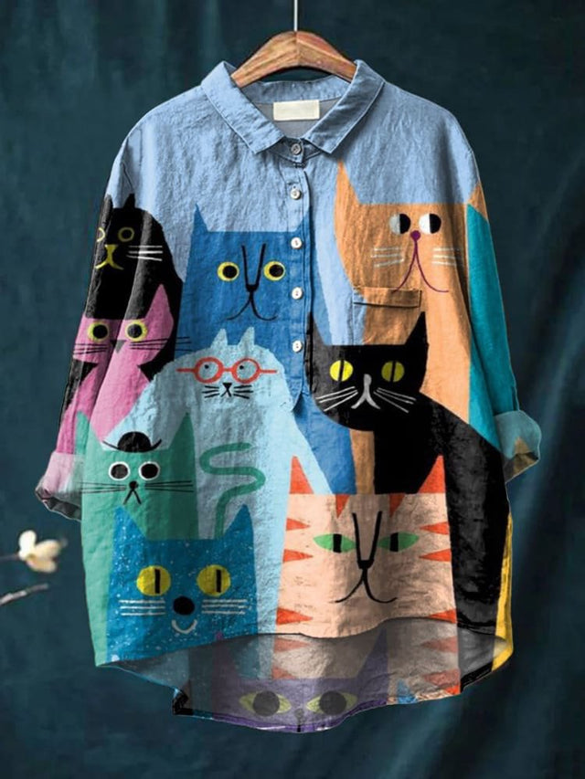 Women's Simple Colourful Flat Cat Print Casual Cotton Shirt