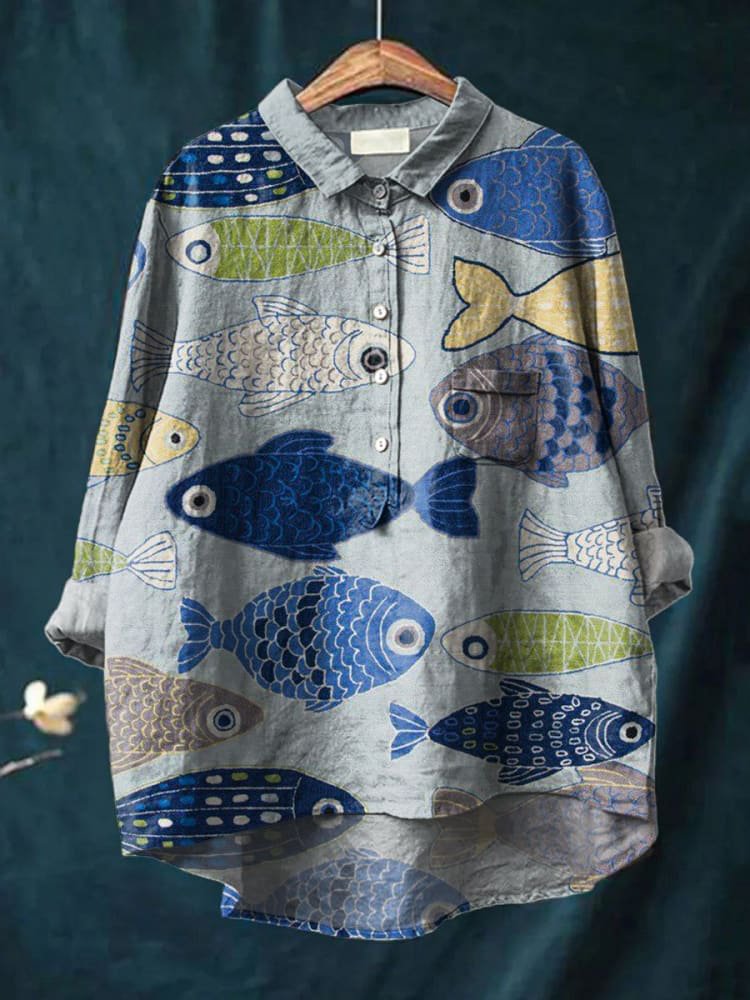 Vintage Lovely Fish Art Print Casual Cotton Shirt