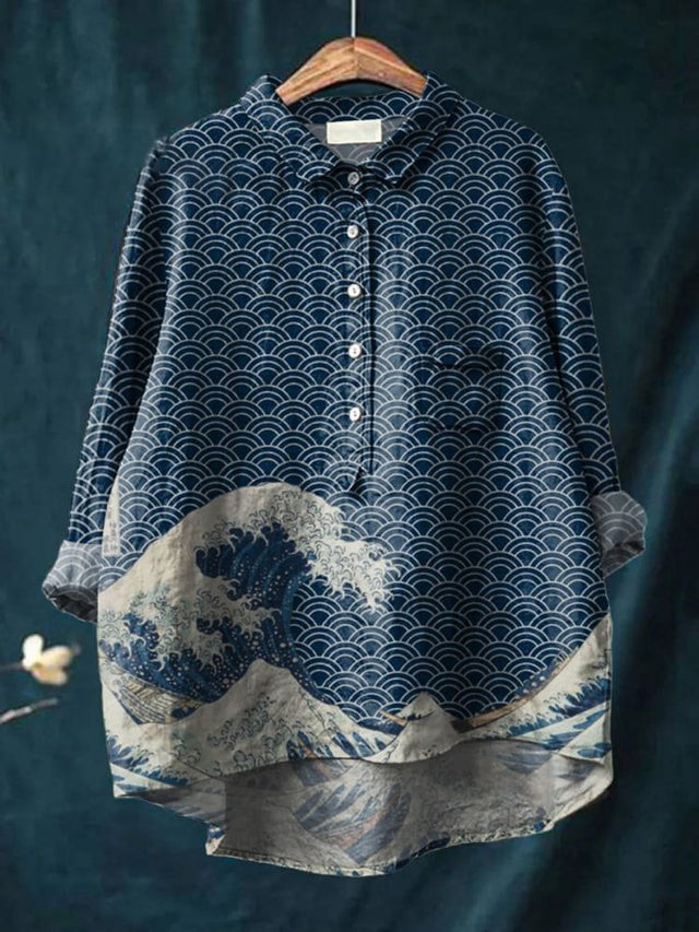 Women's Great Wave Off Kanagawa Inspires Japanese Art Print Casual Cotton Shirt