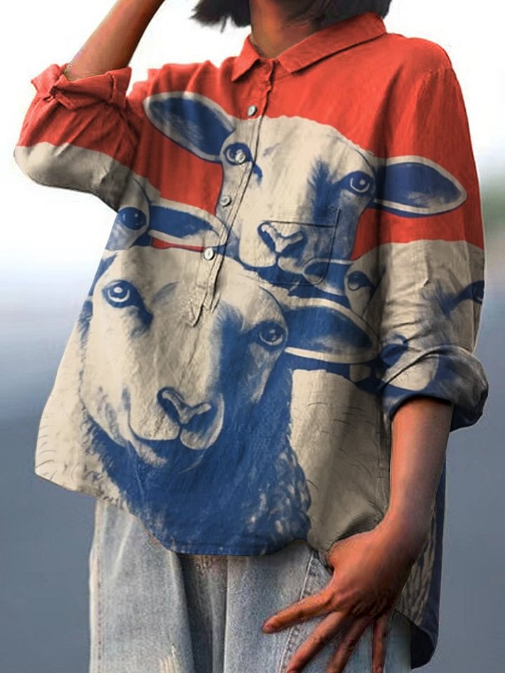 Women's Vintage Hand-Painted Lambs Print Casual Cotton Shirt