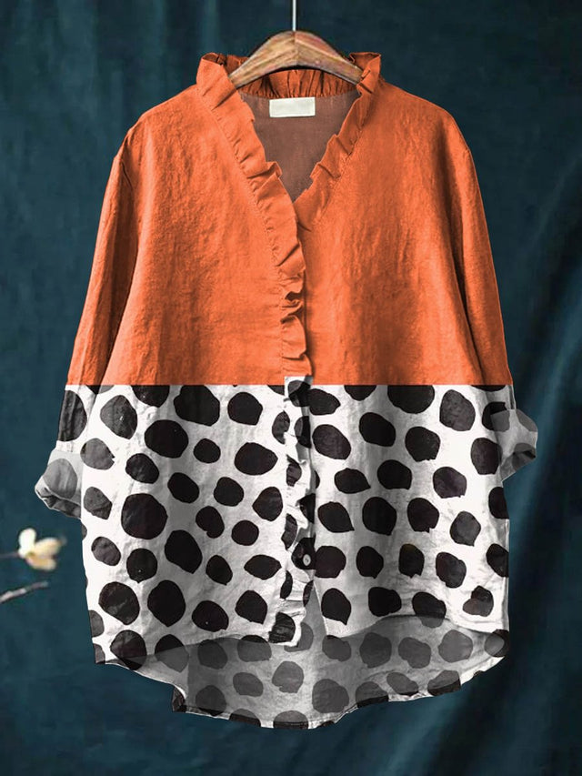 Women's Abstract Dot Pattern Art Print Casual Cotton Ruffle Shirt