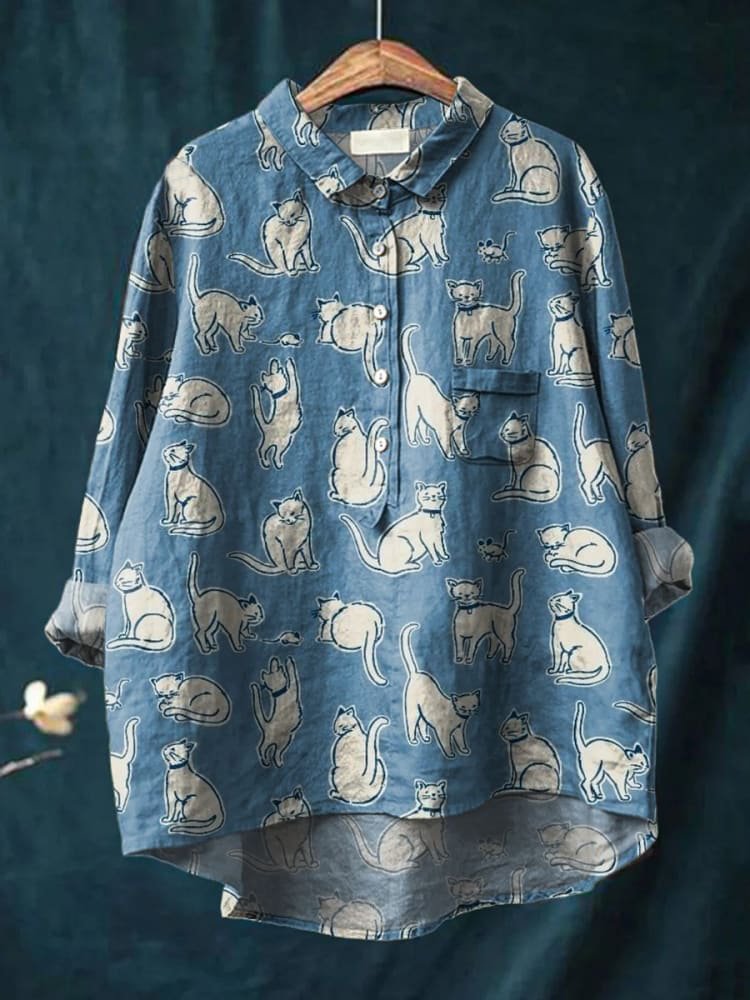 Women's Simple Denim Blue Kitten Print Casual Cotton Shirt