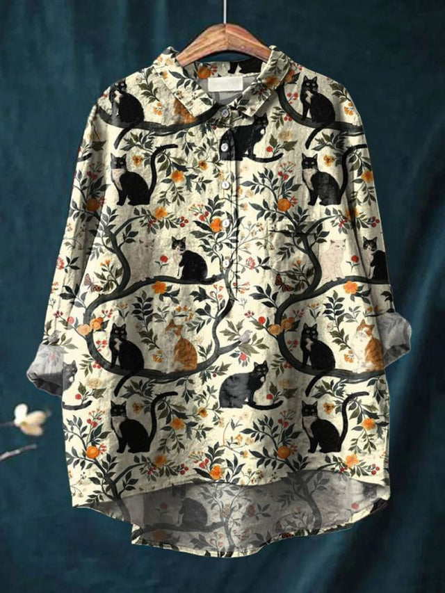 Vintage Lovely Cats Floral Art Print Casual Cotton Shirt