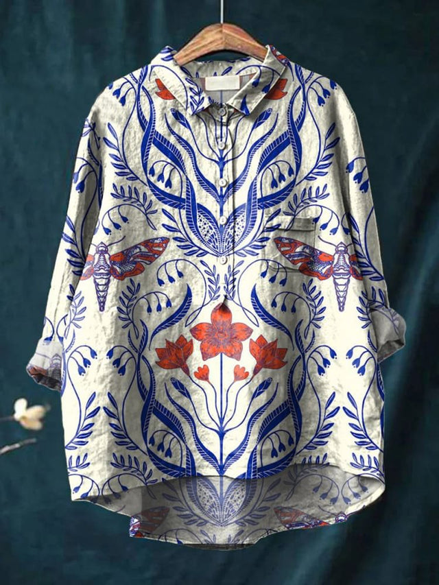 Women's Blue Floral Pattern and Red Flower Print Casual Cotton Shirt