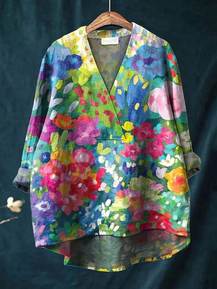 Women's Vintage Lovely Floral Art Print Casual Cotton V-neck Shirt