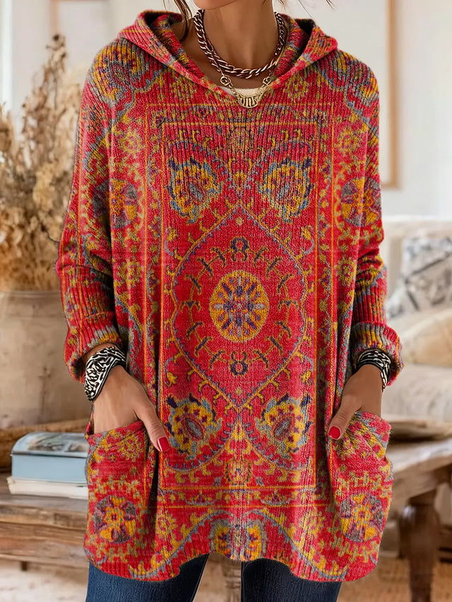 Retro Ethnic Print Hooded Knit Tunic with Pockets