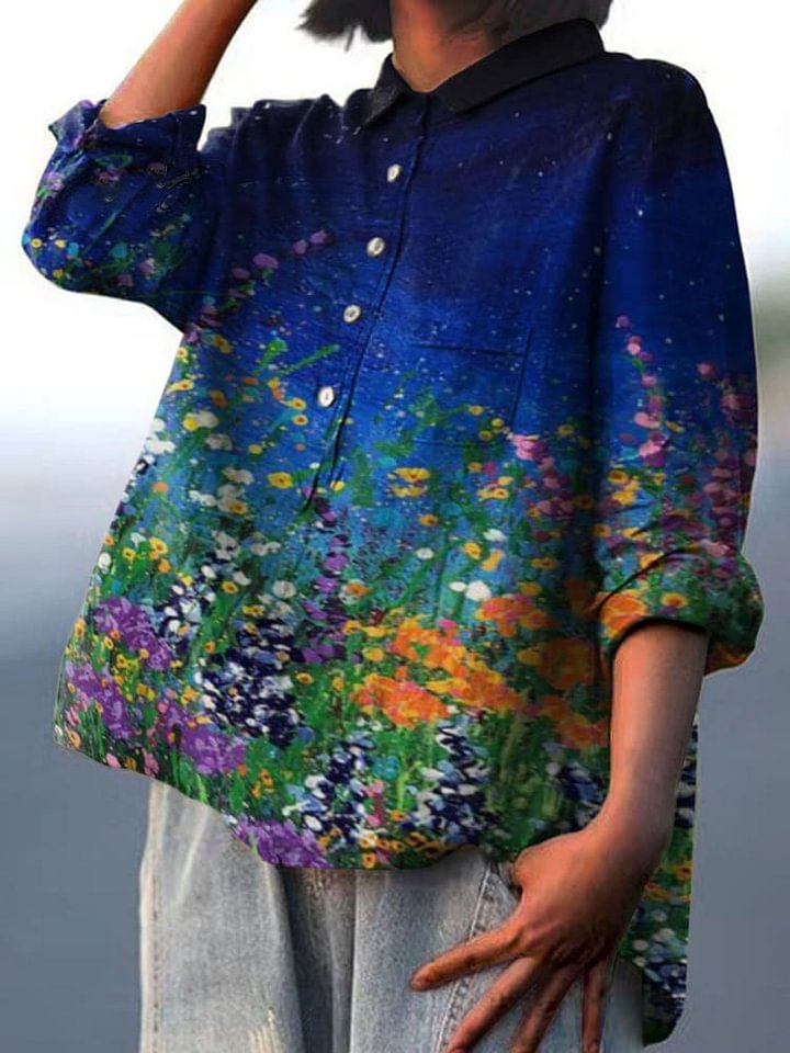 Decorative Pattern of Flower Field Under Night Sky Casual Cotton Shirt