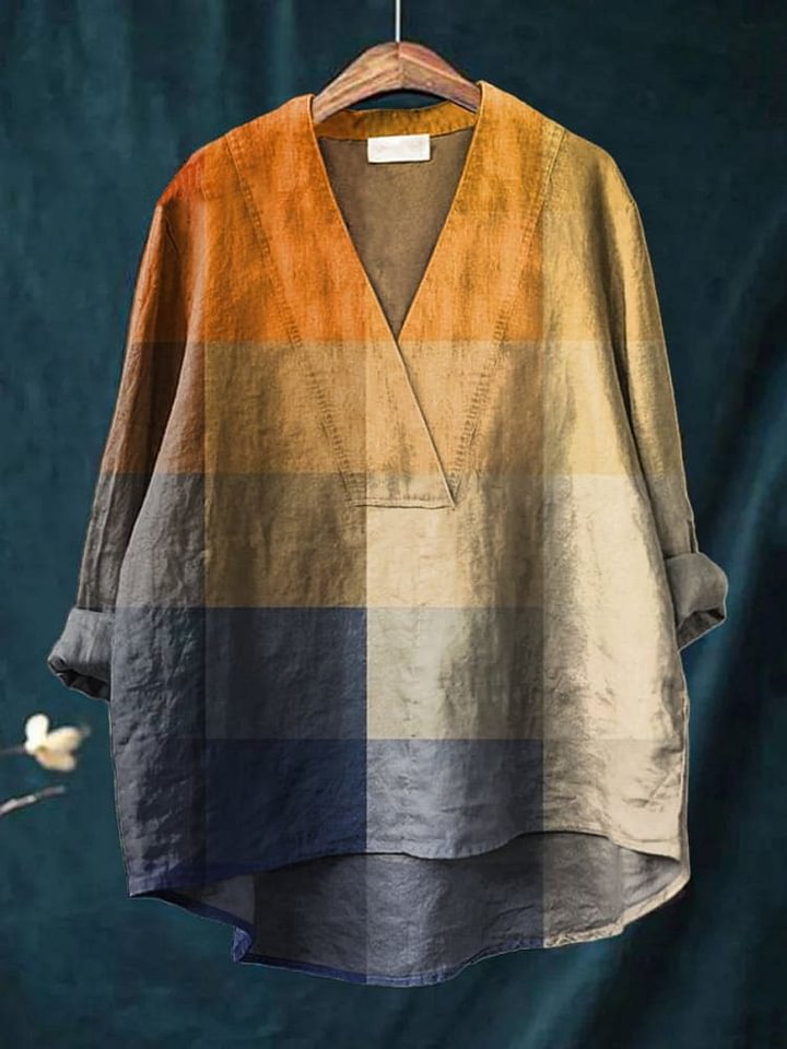 Women's Blue Orange Gradient Plaid Mosaic Art Print Casual Cotton V-neck Shirt