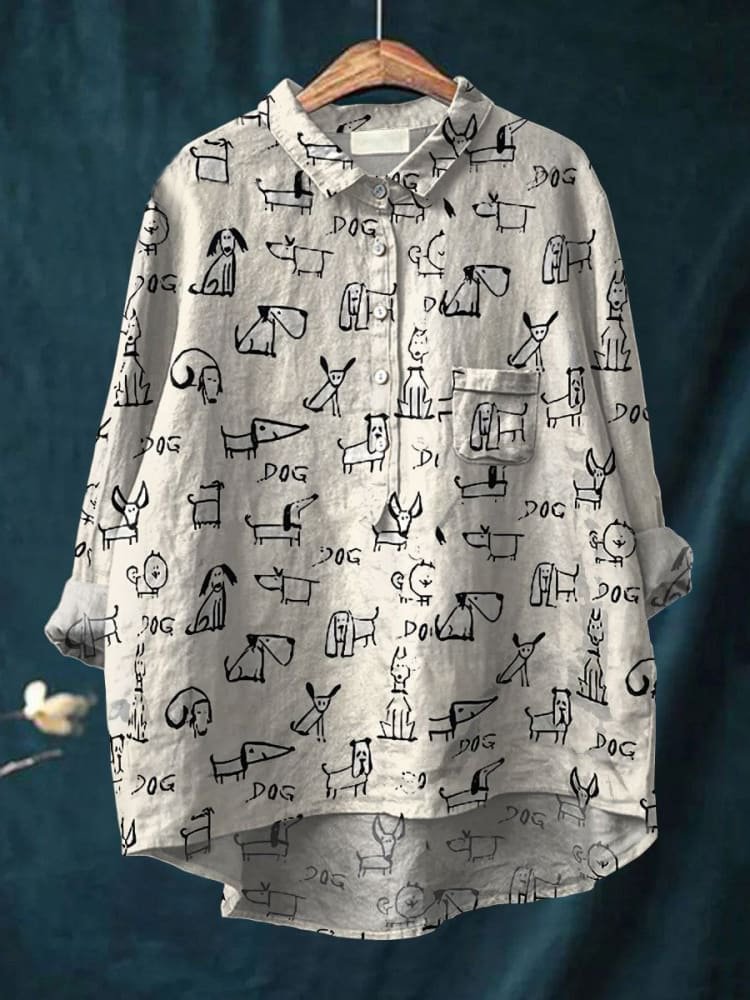 Women's Cute Dog Print Casual Cotton Shirt