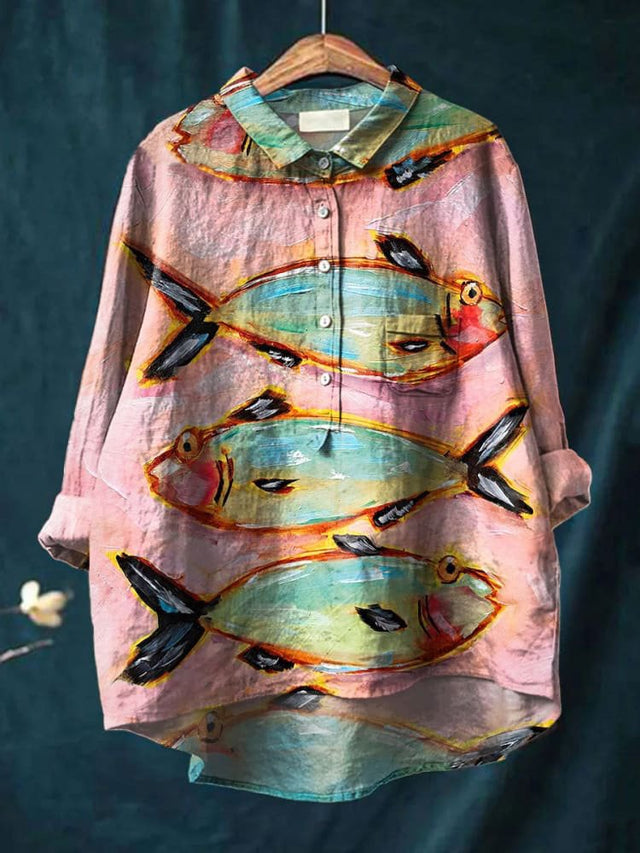 Women's Vintage Fish Art Print Casual Cotton Shirt