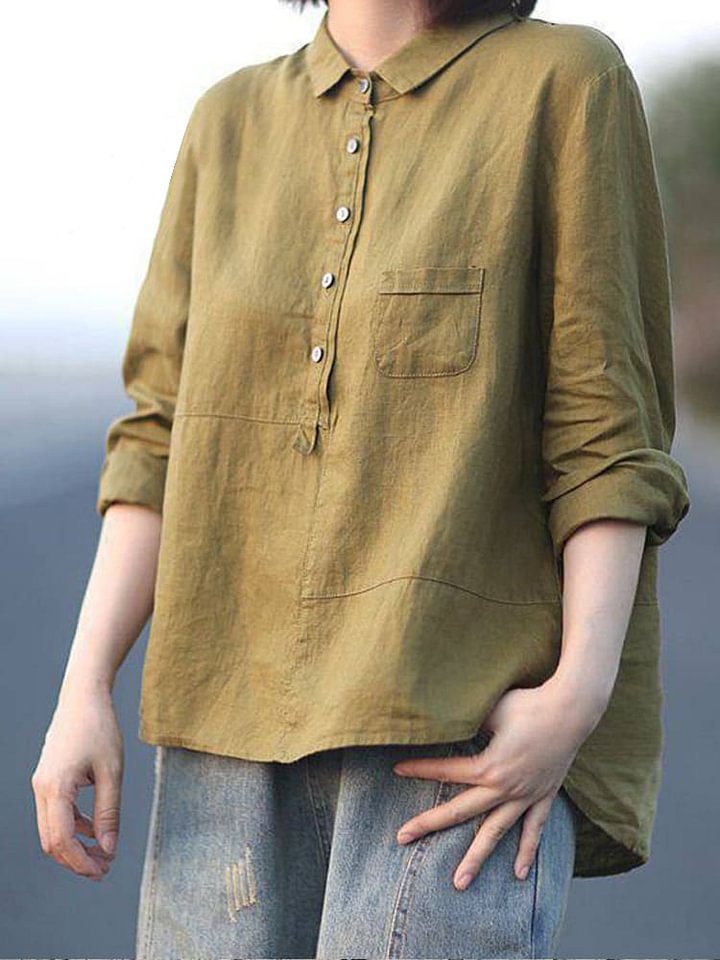 Women's Lapel Neck Casual Solid Colour Cotton Long Sleeve Shirt