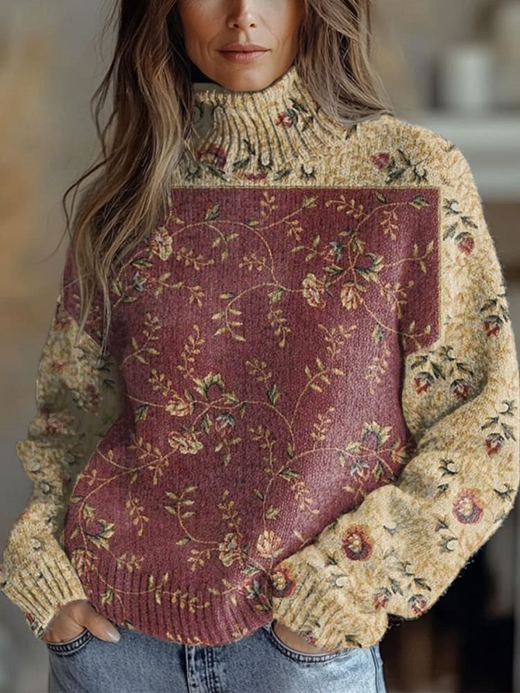 Flowers Art Print Knit Turtleneck Pullover Sweater