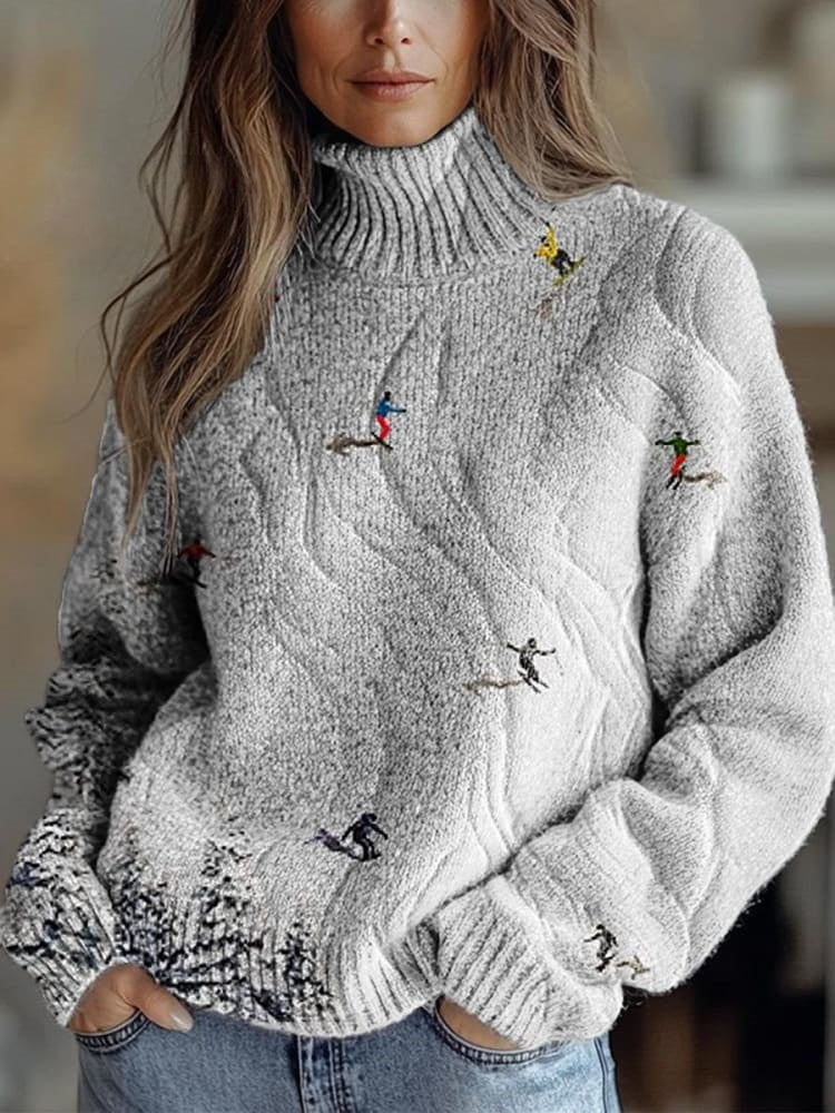 Women's Ski Painting Art Print Knit Turtleneck Pullover Sweater