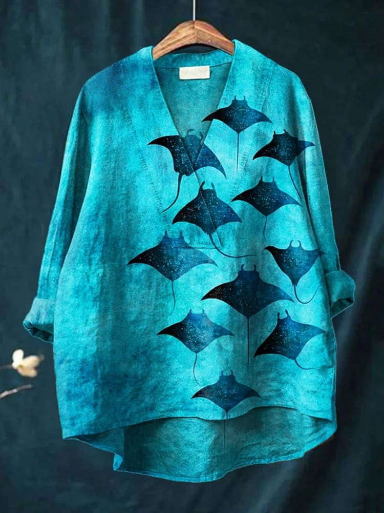Women's Manta Rays Art Print Casual Cotton V-neck Shirt