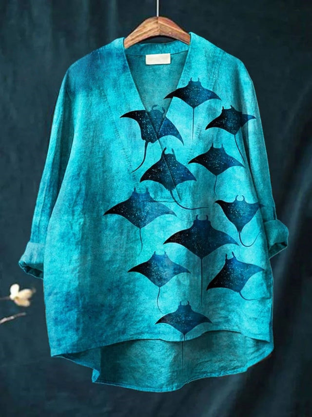 Women's Manta Rays Art Print Casual Cotton V-neck Shirt