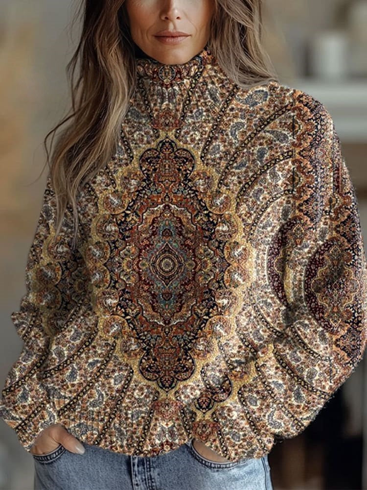 Vintage Symmetrical Flowers Print Knit Turtleneck Pullover Sweater