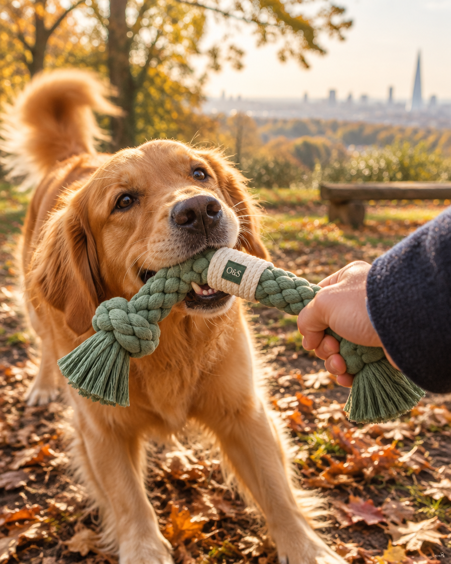 Golden retriever playing tug with The Knot Tug in a London park