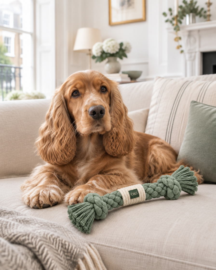 Cocker spaniel on a linen sofa beside The Knot Tug in Sage