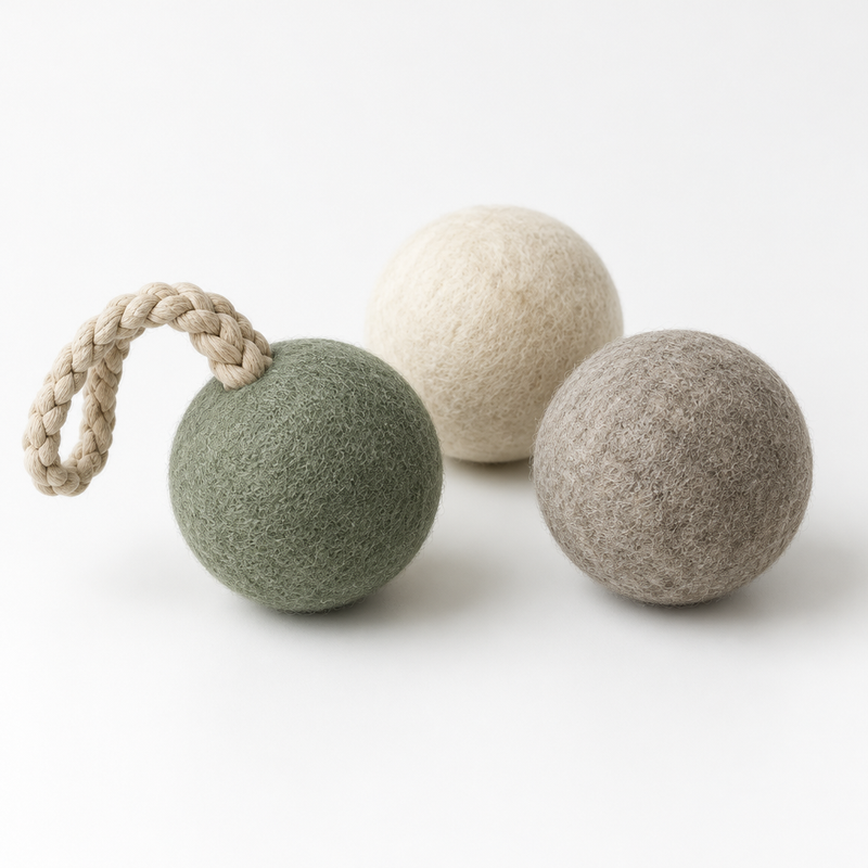 Felted wool fetch balls in sage, cream and stone