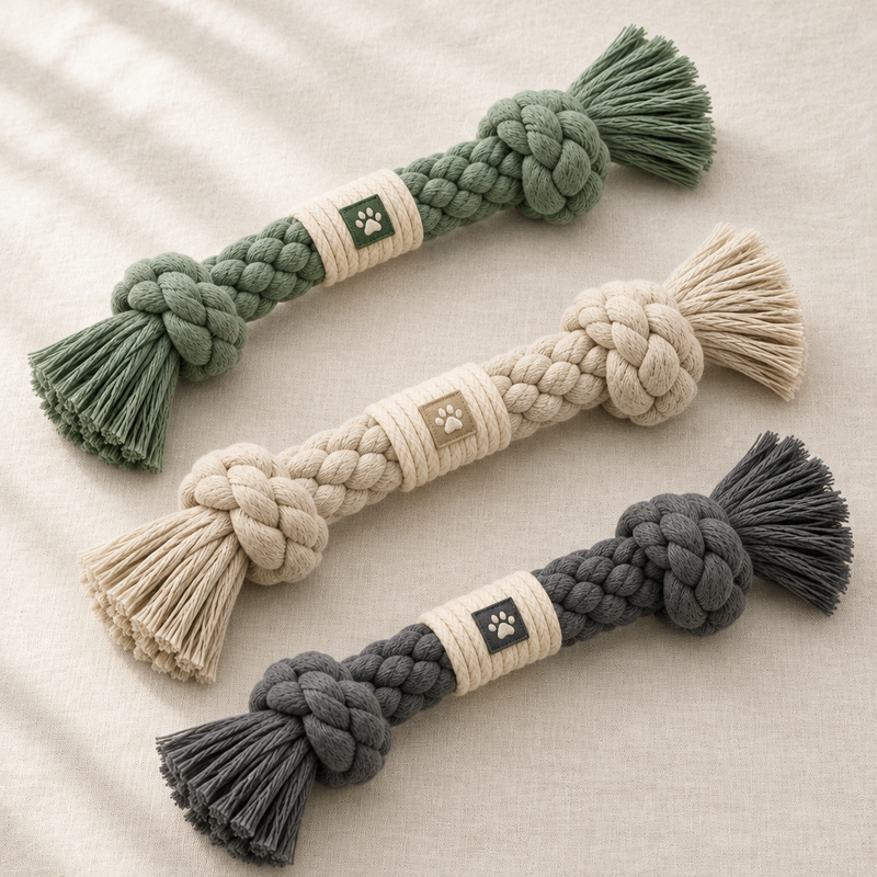 Braided rope tug toys in sage, stone and charcoal