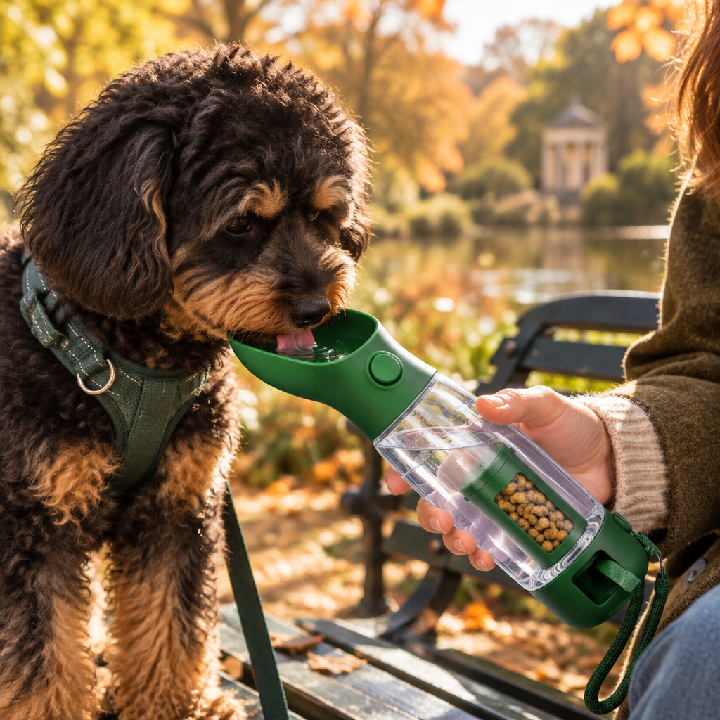 Poodle mix drinking from The Day Out Bottle in Regent's Park
