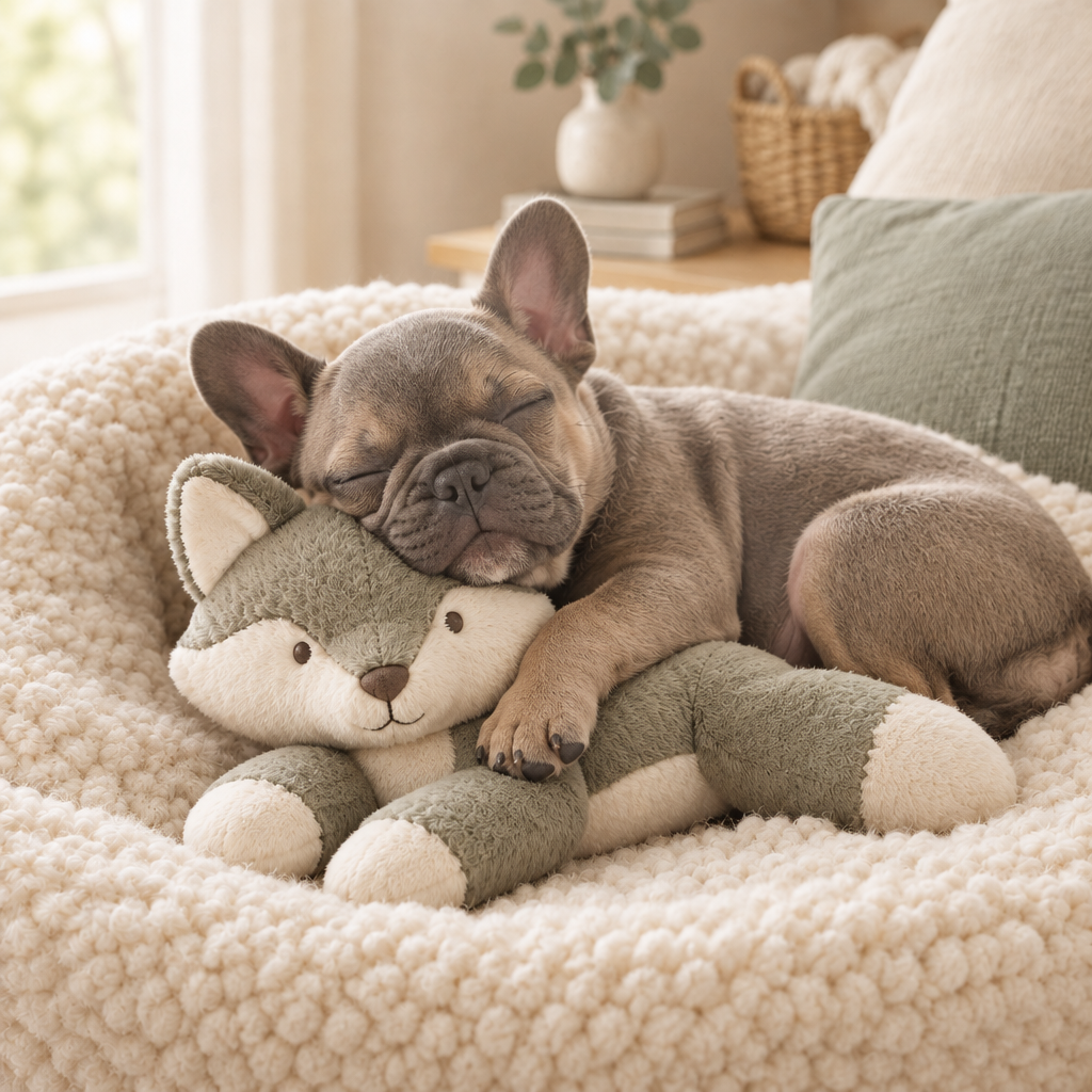 French bulldog puppy asleep on Fern the Fox