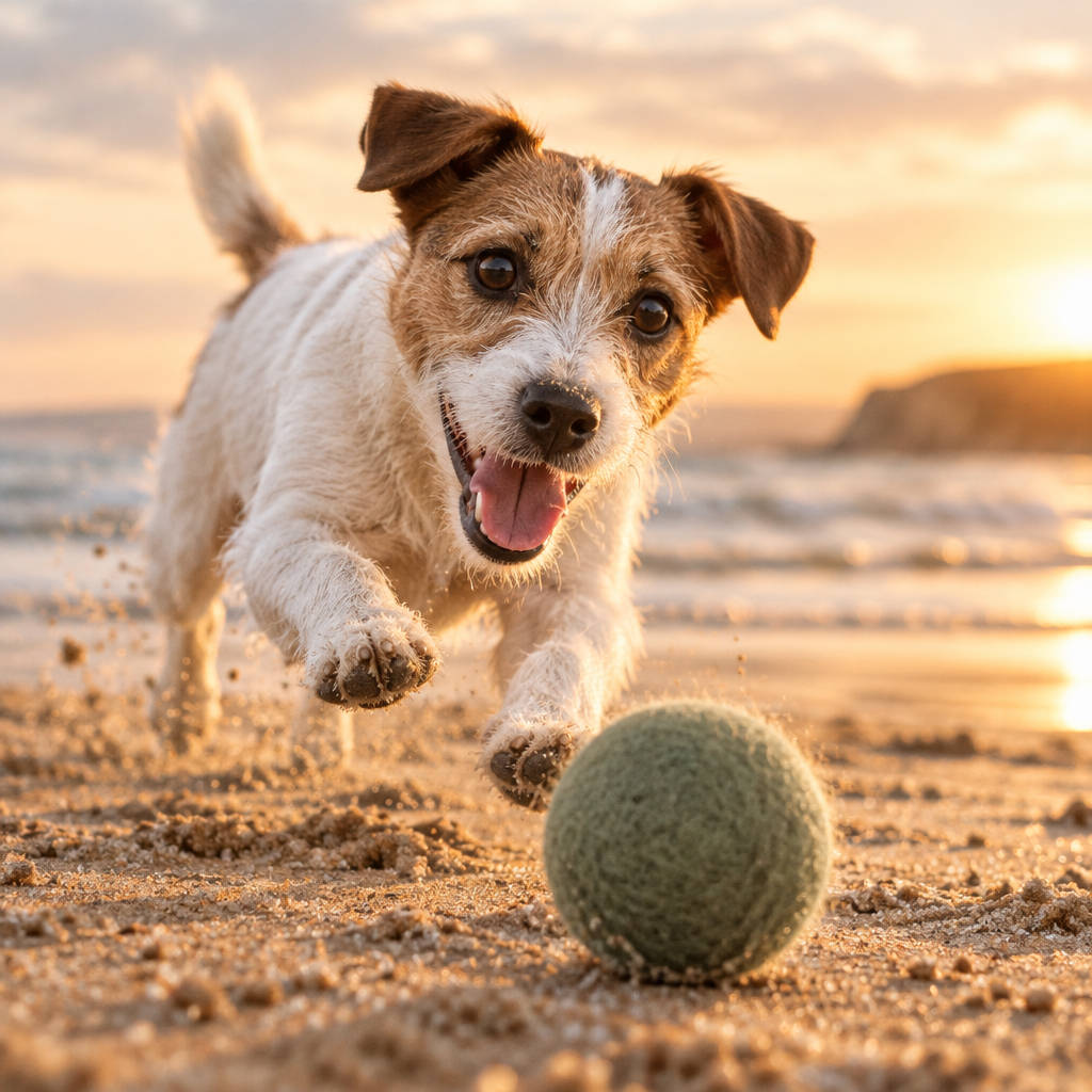 Jack Russell chasing a sage felt ball on a British beach